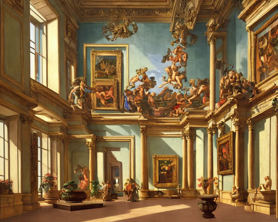 Prompt: an achingly beautiful print of the interior of a baroque art museum with vibrant paintings covering the walls, classical antiquities in niches, and potted plants on the floor by Raphael, Hopper, and Rene Magritte. detailed, romantic, enchanting, trending on artstation.