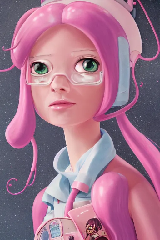 Image similar to highly detailed, industrial photography, profile view of adult princess bubblegum from adventure time, working in her science lab, wearing lab coat, long bubblegum hair, long straight bangs, confident, beautiful, attractive, illustration concept art by nicoletta ceccoli, mark ryden, lostfish, detailed and intricate environment, 8 k resolution, hyperrealistic, octane render