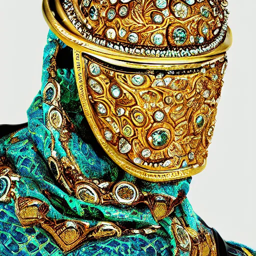 Image similar to A high resolution ultra close up macro portrait of an editorial Versace model with an ornate turquoise color blocks gem crystal helmet mask scarf in sand dunes up by David Lachapelle