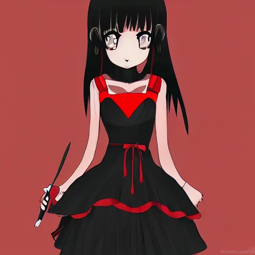 Prompt: a girl with black hair wearing a red dress, she is holding a knife, anime art, smooth, scary atmosphere, hd