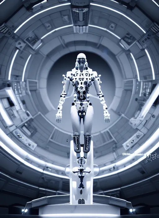Prompt: dark high detailed space station interior a statue jesus on cross made of white marble, perfect symmetrical body, full body shot, inflateble shapes, white biomechanical details, wearing epic bionic cyborg implants, masterpiece, intricate, biopunk, vogue, highly detailed, artstation, concept art, cyberpunk, octane render