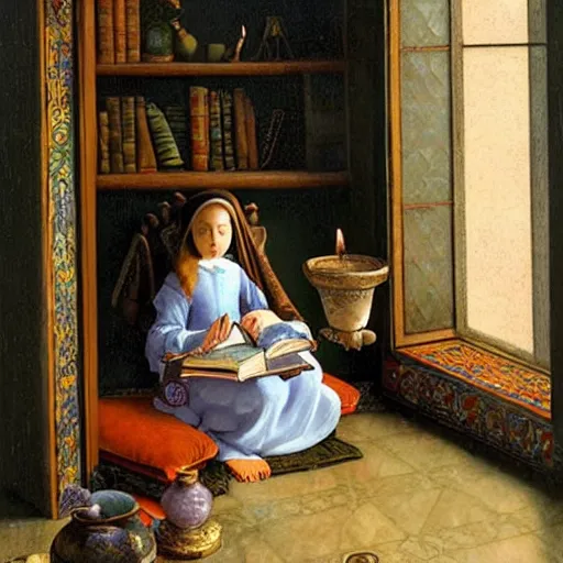 Image similar to a highly detailed fantasy pastel oil painting of a young wizard in ornate clothing lounging on a purpur pillow on the marble floor in front of her bookcase, studying an ancient tome. to the side is a potted plant and some blue candles. ancient oriental fantasy setting. in the style vermeer and mark tedin