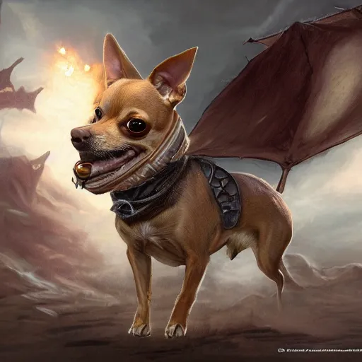 Image similar to tan coloured chihuahua Dog, battle armour, Anthropomorphized, casting epic spell, magic the gathering artwork, D&D, fantasy, cinematic lighting, centered, symmetrical, highly detailed, digital painting, artstation, concept art, smooth, sharp focus, illustration, volumetric lighting, epic Composition, 8k, art by Akihiko Yoshida and Greg Rutkowski and Craig Mullins, heroic pose, oil painting, cgsociety, magic lab background