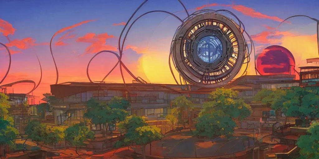 Image similar to fusion reactor helix, wonderous and magical, in an urban setting, sunset, by Studio Ghibli and Edward Hopper