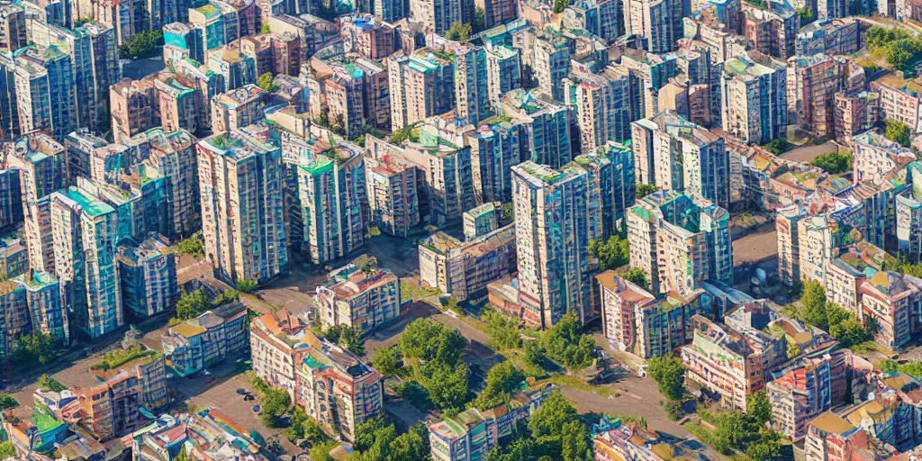 Prompt: bird's eye view photograph of a low income highrise geometric Russian city, apartments, train station, avenues. Square with a statue of leader