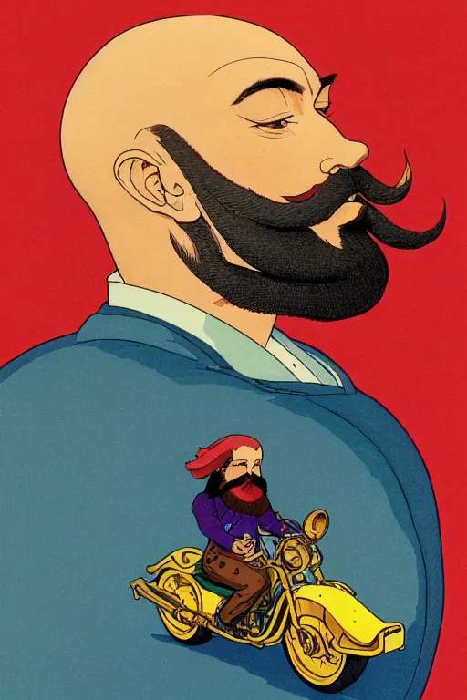 Image similar to a colorful closeup portrait of a handsome young bald man with a very long wild beard and handlebar moustache riding a golden motorcycle and dreaming psychedelic hallucinations in the vast icy landscape of antarctica, by kawase hasui, moebius and edward hopper, colorful flat surreal design, hd, 8 k, artstation