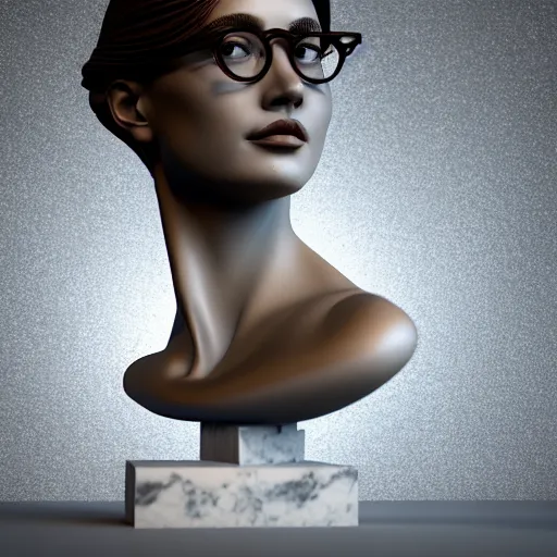 Prompt: sculpture of a beautiful woman, light marble bust, dark brown hair, thick glasses, photo studio, glitter, beautiful lighting, symmetry, 3 d render, wide shot