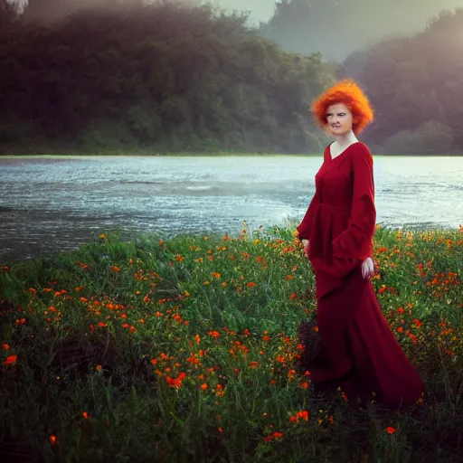 Image similar to Fine art photo of the most beautiful woman, she is redhead, she is posing while maintain a sweet eye contact to the camera, she has a crown of flowers, she has perfect white teeths, she is walking on a river, she is getting ulluminated by the rays of the sunset, the photo was taking by Annie Leibovitz, Ellie Victoria Gale, Steve McCurry, matte painting, oil painting, naturalism, 4k, 8k