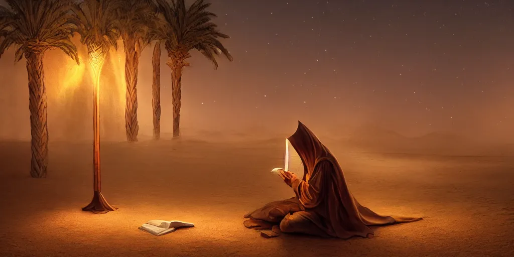 Prompt: a hooded man reading ancient scrolls in the light from a small fire in the Egyptian desert, night, stars, palm trees, mystic, by Andreas Rocha + Ted Nasmith, dark, cinematic lighting, masterpiece, highly detailed, 8k resolution, trending on art station