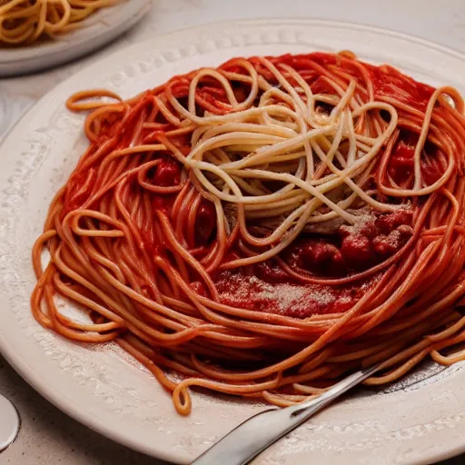 Prompt: extremely delicious looking photo of beautiful spaghetti, very expensive top quality product, michelin star, most perfect desert on the world, small manufacture, unique style, 8 k, product photography, professional studio photography