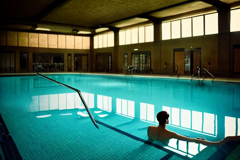 Image similar to portrait at an indoor swimming pool, photography by gregory crewdson, cinematic, elegant, real dlsr photography, sharp focus, 4 k, ultra hd, sense of awe