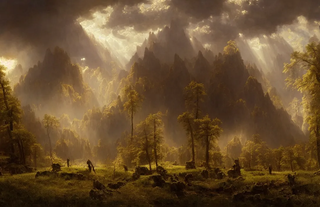 Image similar to albert bierstadt, greg rutkowski, james gurney, dancing angels in phantastic landscape, hyperreal phantastic, intricate details in environment, meeting point, luminance, golden ratio, high aestehtic, cinematic light, dramatic light, godrays, distance, clear atmosphere, photobash, wideangle, bierstadt, hyperreal 4 k