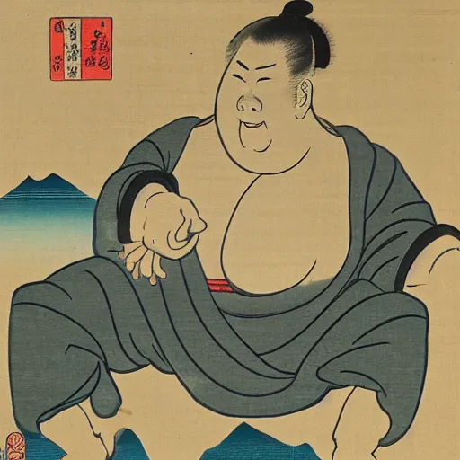 Image similar to edo period japanese print of a sumo wrestler using a computer