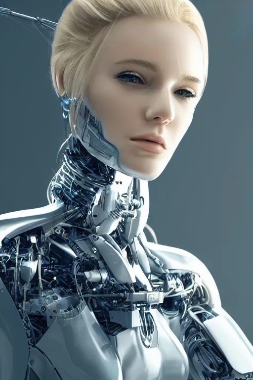 Image similar to a beautiful woman with blonde hair wearing robot suit with wires and light, highly detailed, photorealistic, artstation, smooth