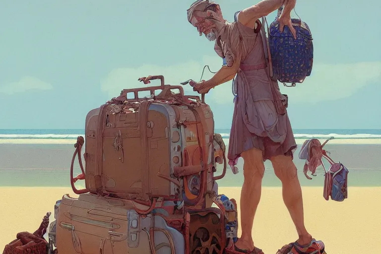 Prompt: an epic painting of tired and bored 5 5 - year old male journalist finally going on beach vacation, artstation, hyperdetailed, beautiful lighting, by james jean, moebius, cory loftis, craig mullins, rutkowski, mucha, kim jung - gi, klimt, roger dean, highly detailed, few ultramarine highlights, oil on canvas