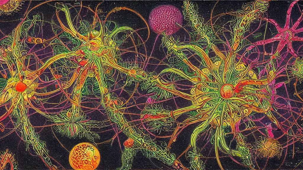Image similar to quantum connections represented as symbiotic organisms like cells playing around with colorful lights by ernst haeckel, liquid