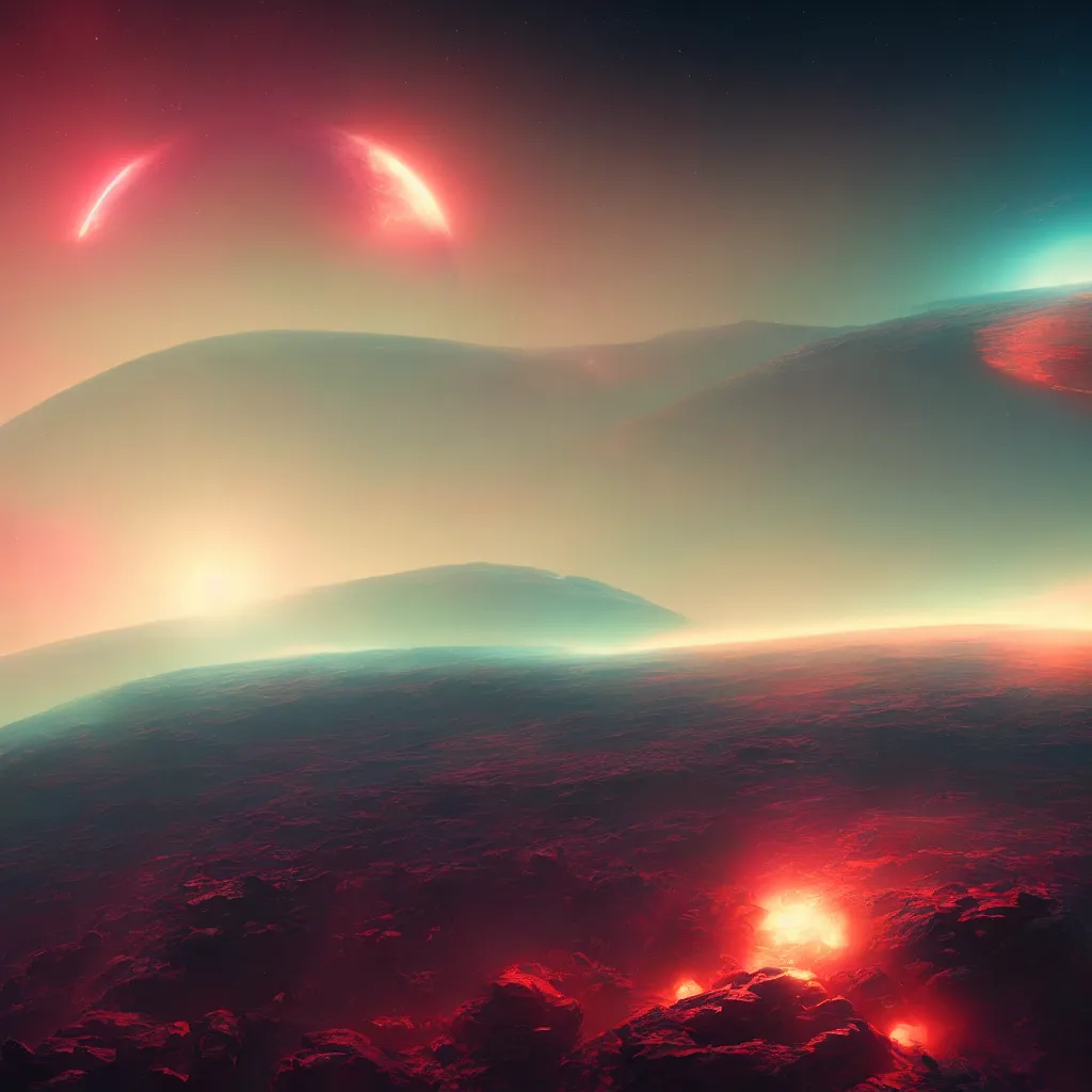 Image similar to horizon of a colorful exoplanet, view from space, artstation, cinematic, by greg rutkowski, scifi, digital art, digital painting, unreal engine, 8 k, volumetric lighting, contrast