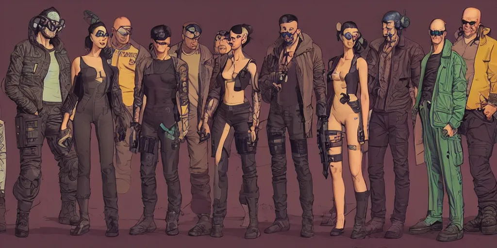 Image similar to cyberpunk heist crew. portrait by stonehouse and mœbius and will eisner and gil elvgren and pixar. character design. realistic proportions. dystopian. cyberpunk 2 0 7 7 character art, blade runner 2 0 4 9 concept art. cel shading. attractive face. thick lines. hi def 4 k. the team. detailed interesting characters. realistic expressive faces.