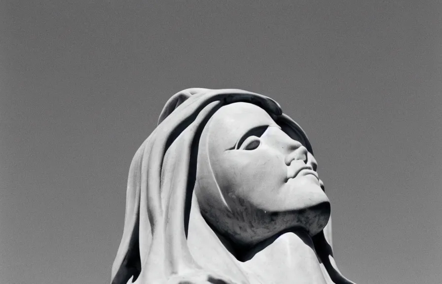 Image similar to statue of mother mary crying blood tears, close-up, blue sky in background, 60mm lens, grainy vintage photograph