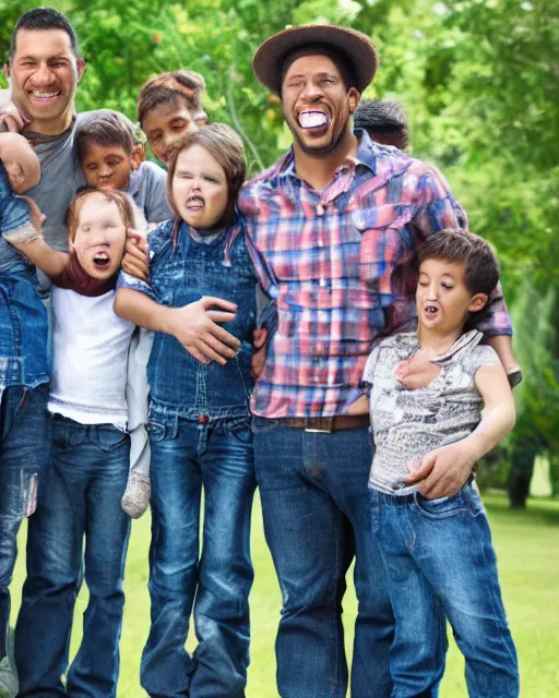 Prompt: a man with five children protecting a jeans and screaming