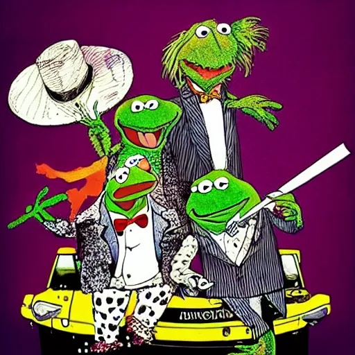 Image similar to the muppets drawn by ralph steadman fear and loathing in las vegas style