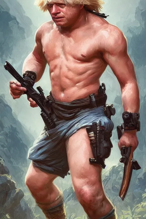 Image similar to Boris Johnson as Rambo, Boris Johnson hairstyle, masculine figure, highly detailed, digital painting, artstation, concept art, smooth, sharp focus, illustration, cinematic lighting, art by artgerm and greg rutkowski and alphonse mucha