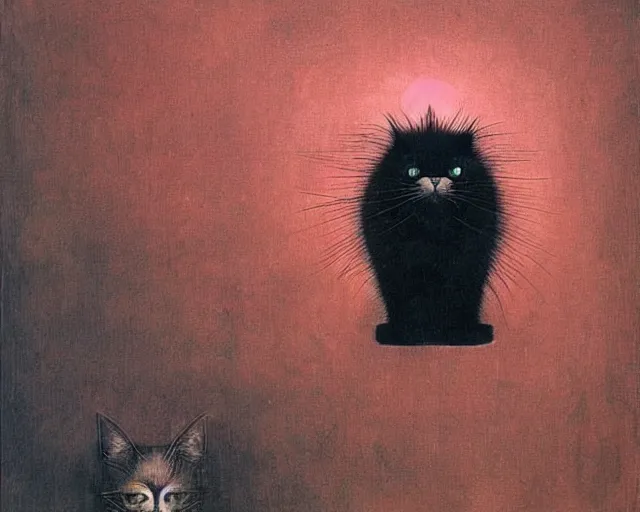 Image similar to black cat observing critical change from far away and above by carrington, bosch, beksinski, dali, barlowe, magritte