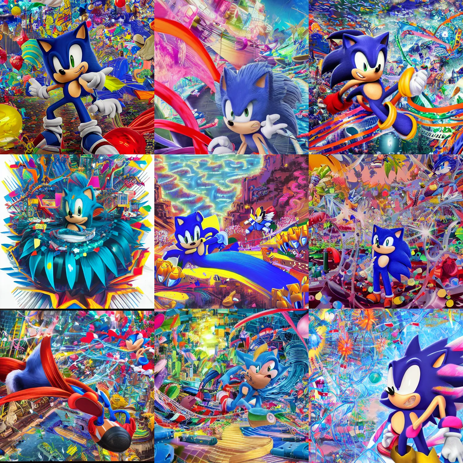 Prompt: closeup portrait of sonic the hedgehog with oceans, river and mountains in the middle of the frame surrounded by colorful ribbons and party confetti , concept art, huge scale, high detail, sci fi by James Jean, 1990s 1992