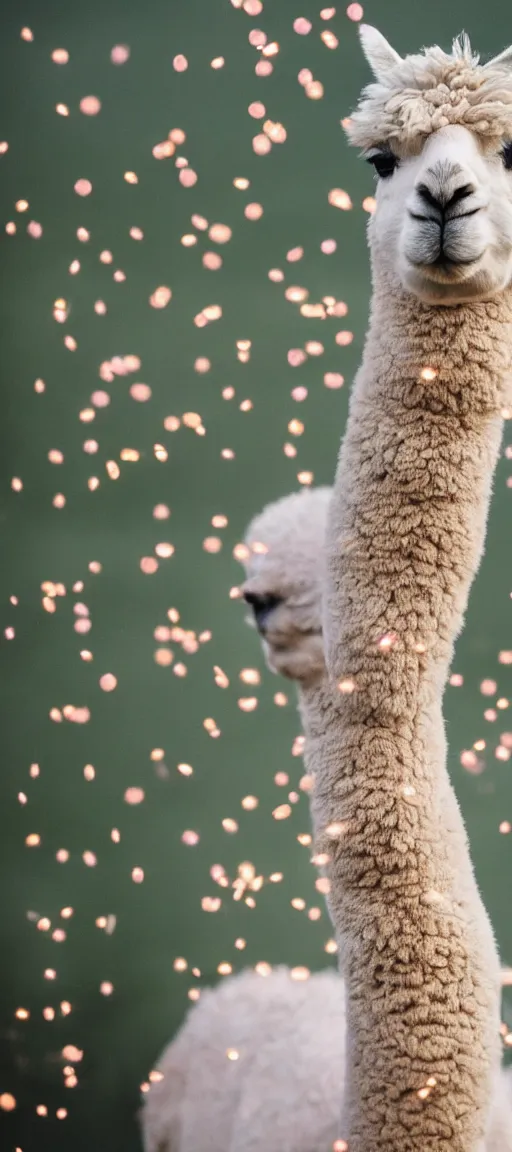 Image similar to portrait photo of an alpaca in the forest of pastel feathers lit by small fireflies at night