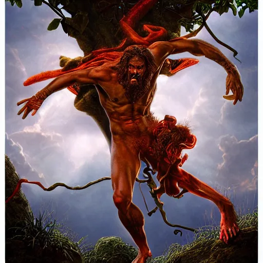 Image similar to Photorealistic devil in the garden of eden in the style of Michael Whelan and Gustave Dore. Hyperdetailed photorealism, 108 megapixels, amazing depth, glowing rich colors, powerful imagery, psychedelic Overtones, 3D finalrender, 3d shading, cinematic lighting, artstation concept art