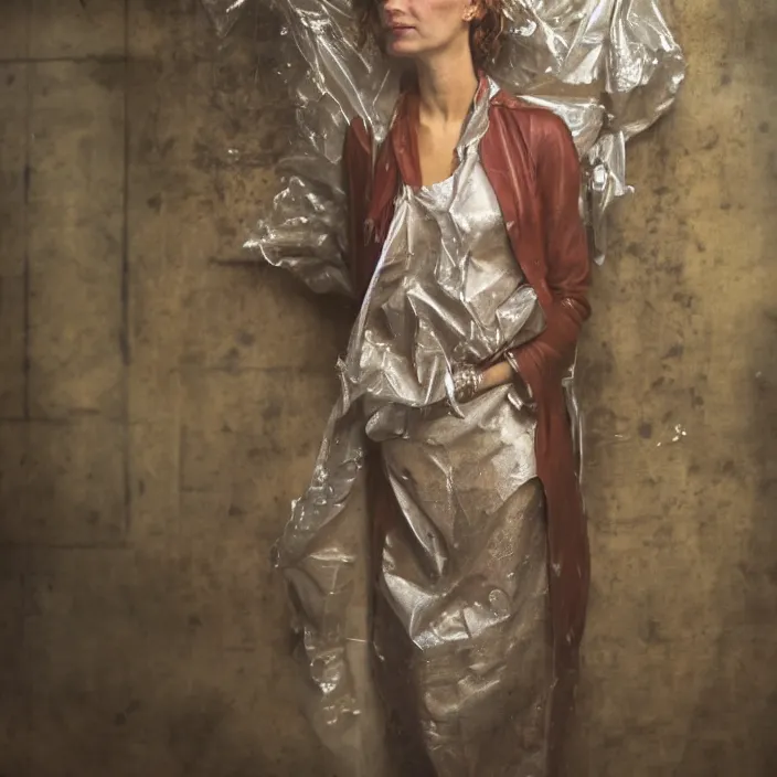 Image similar to closeup portrait of a woman wrapped in plastic, standing in a grungy dirty coffee shop cafe, color photograph, by vincent desiderio, canon eos c 3 0 0, ƒ 1. 8, 3 5 mm, 8 k, medium - format print