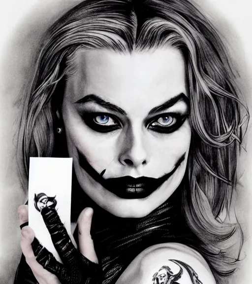 Image similar to tattoo design sketch of beautiful margot robbie portrait with joker makeup, holding an ace card, in the style of den yakovlev, realistic face, black and white, realism tattoo, hyper realistic, highly detailed