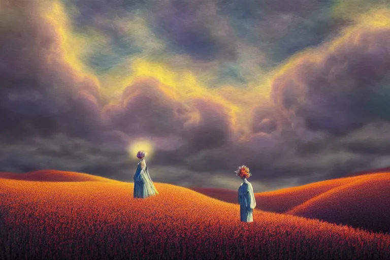 Prompt: giant flower heads, women standing in heather hills, surreal photography, stormy sky, dramatic lighting impressionist painting, digital painting, artstation, rob gonsalves