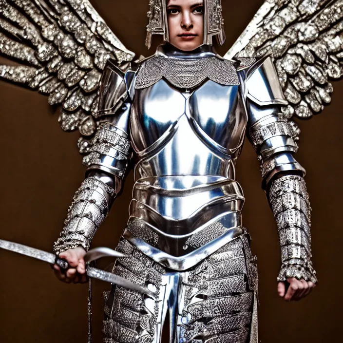 Image similar to full body photo of an angel warrior queen wearing diamond encrusted armour, highly detailed, 4 k, hdr, smooth, sharp focus, high resolution, award - winning photo