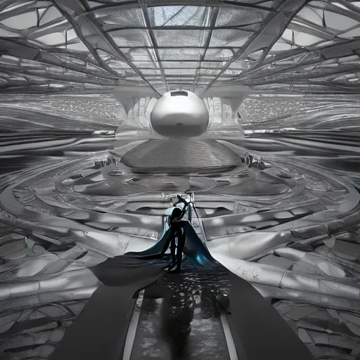 Image similar to digital image oily airport architecture motherboard cpu in liquid on the coronation of napoleon painting, on moon with medium size woman walking with black background. unreal engine 5, keyshot, octane, artstation trending, by Zaha Hadid style architecture, by Matrix film color, high contrast pinterest black plastic, dark atmosphere pinterest tilt shift, 4k, 8k, 16k.