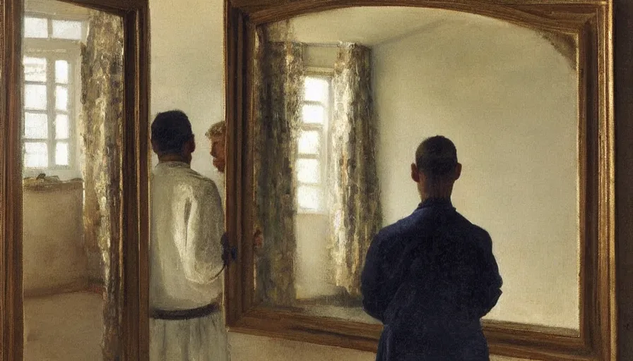 Prompt: painting by borremans, man back standing in front on the mirror and his back in the mirror with small village house and tiny tree, detailed, stunning