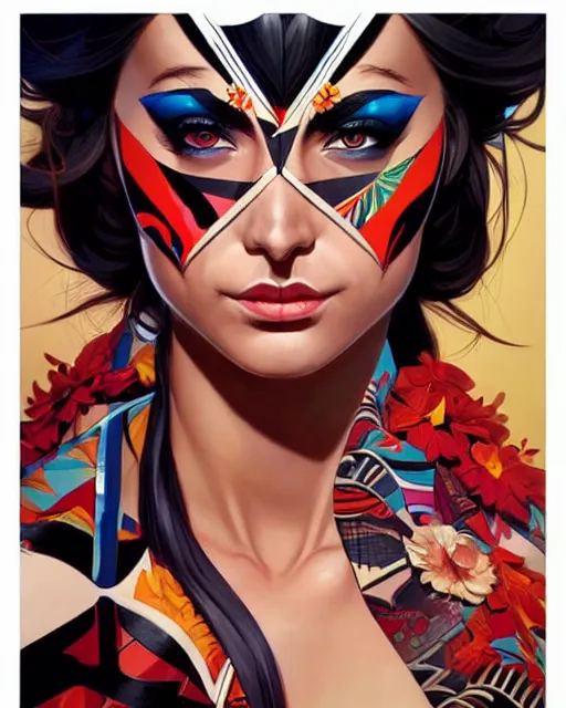 Image similar to artgerm, joshua middleton and sandra chevrier comic cover art, pretty full body danza azteca dancer, symmetrical eyes, scales, beautiful, rim lighting, vivid colors