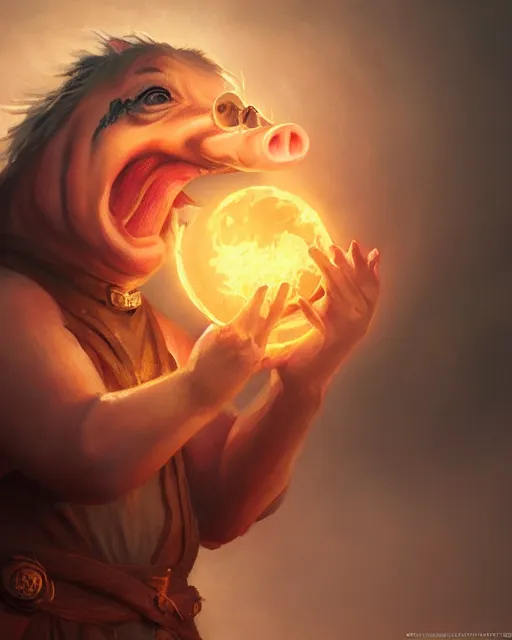 Image similar to oil painting of a Anthropomorphized pig witch casting an epic spell, sharp focus, heroic pose, fantasy style, octane render, volumetric lighting, cinematic lighting, 8k high definition, by greg rutkowski, highly detailed, trending on art Station, magic the gathering artwork, centered