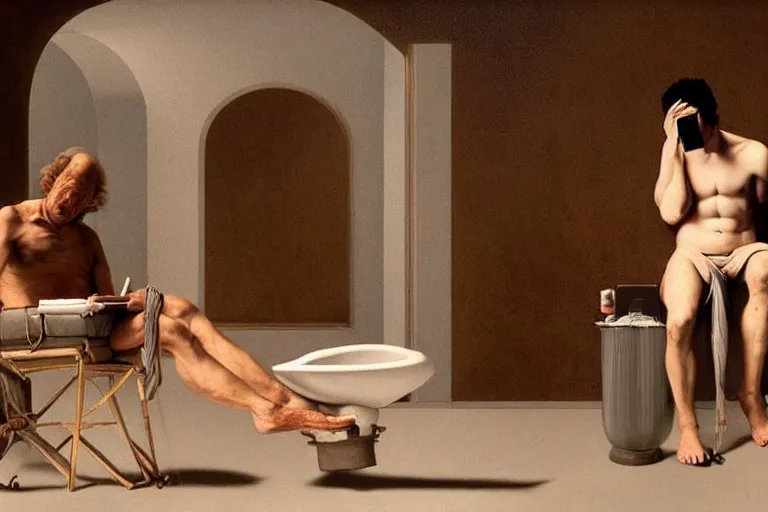 Prompt: hyperrealism aesthetic ridley scott and caravaggio and denis villeneuve style photography of a detailed giant, siting on a detailed ultra huge toilet and scrolling his smartphone in surreal scene from detailed art house movie in style of alejandro jodorowsky and wes anderson