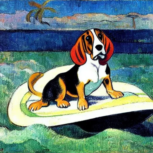 Prompt: a basset hound on a surboard, surfing a barrel wave, in the style of Paul Gauguin