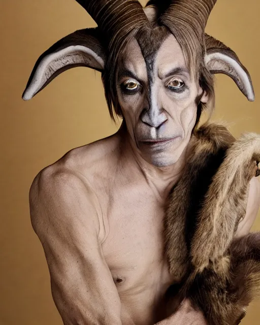 Prompt: singer Iggy Pop in Elaborate Pan Satyr Goat Man Makeup and prosthetics on stage with large goat ears designed by Rick Baker, Hyperreal, Head Shots Photographed in the Style of Annie Leibovitz, Studio Lighting