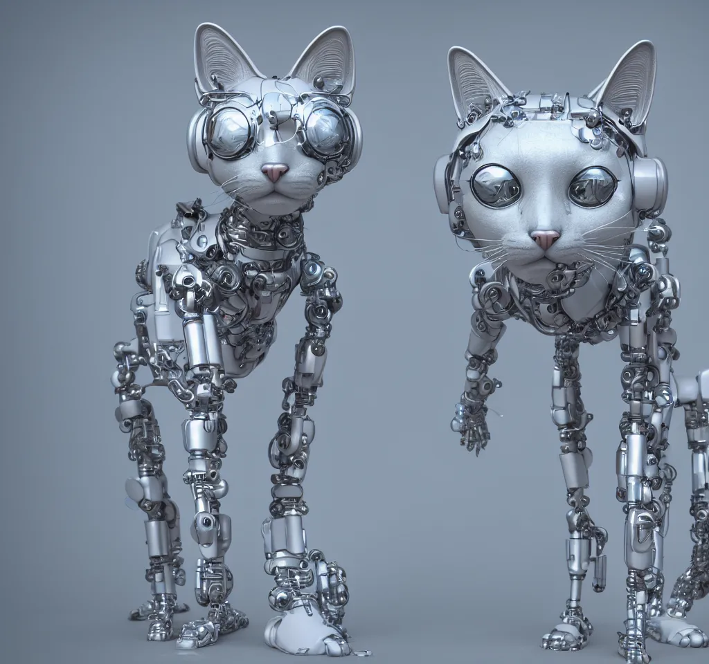 Image similar to a modern cybernetic cat made from porcelain and steel, insane reflexions, pastel colored, daylight, peaceful, 8 k, ambient occlusion, octane render