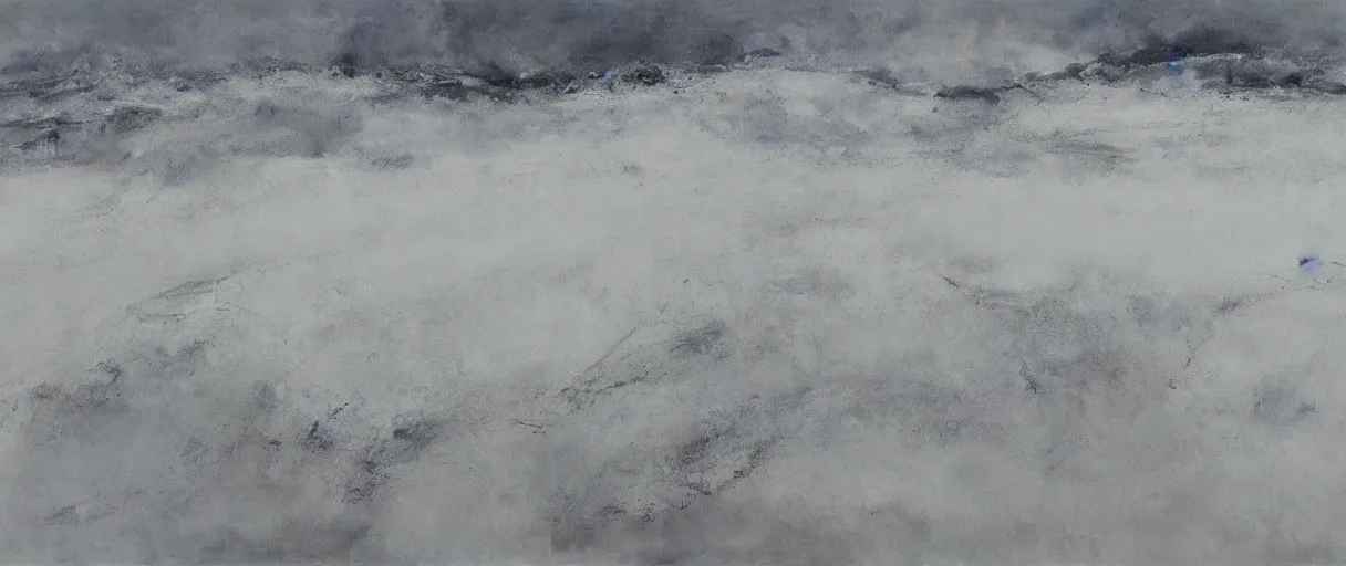 Prompt: magnificent snowfield in winter, severely snowing, abstract, multiple levels of white and gray, oil painting, by Zao Wou-Ki