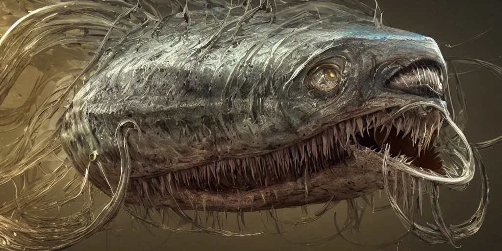 Image similar to angler fish, stylized layered textures, long flowing fins, bioluminescent orbs, 3 d render, substance painter, glowing eye, intricate, highly detailed, lifelike, smooth, sharp focus, art by h r giger