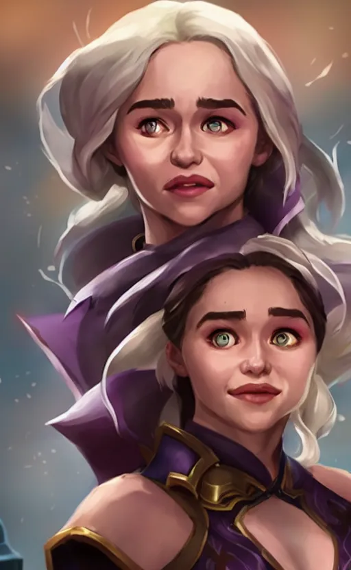 Image similar to Emilia Clarke as a character in the game League of Legends, with a background based on the game League of Legends, smiling, detailed face, old 3d graphics