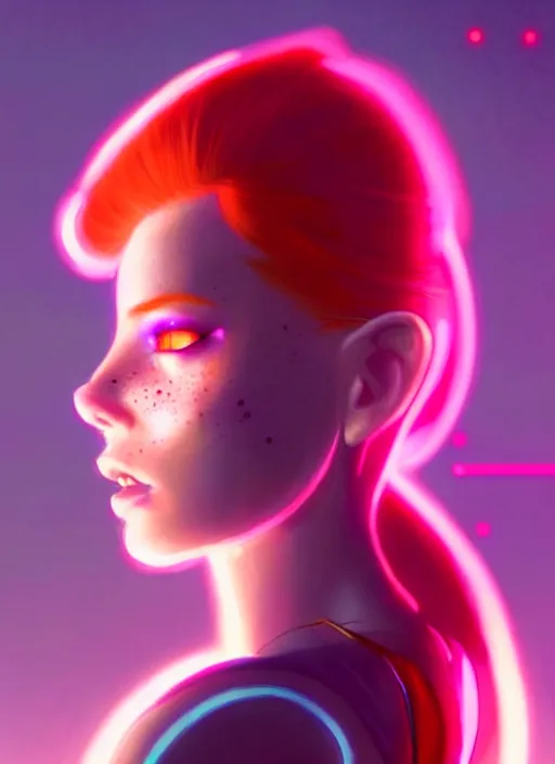 Image similar to an extremely beautiful redhead american female humanoid with freckled cheeks, cyber neon lighting, by loish, d & d, fantasy, futurism, cyberpunk fashion clothes, elegant profile posing, perfect anatomy, hyper photorealistic, digital photography, artstation, pinterest, concept art, art by pascal blanche and greg rutkowski,