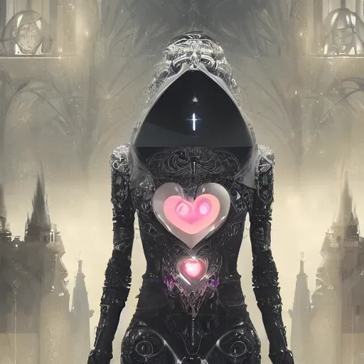 Image similar to female robots with heart organ, dressed in intricate gothic futuristic veils and jewels, epic environment, matte painting, diffused lighting, highly detailed, cinematic, epic atmosphere, digital art, trending on artstation, wide angle