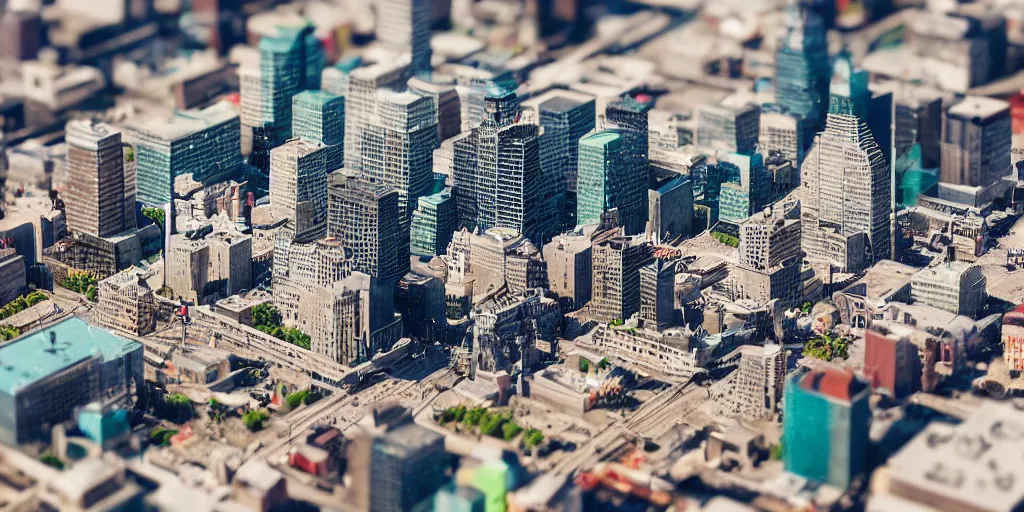 Image similar to a miniature diorama of downtown montreal, macro photography, tilt shift