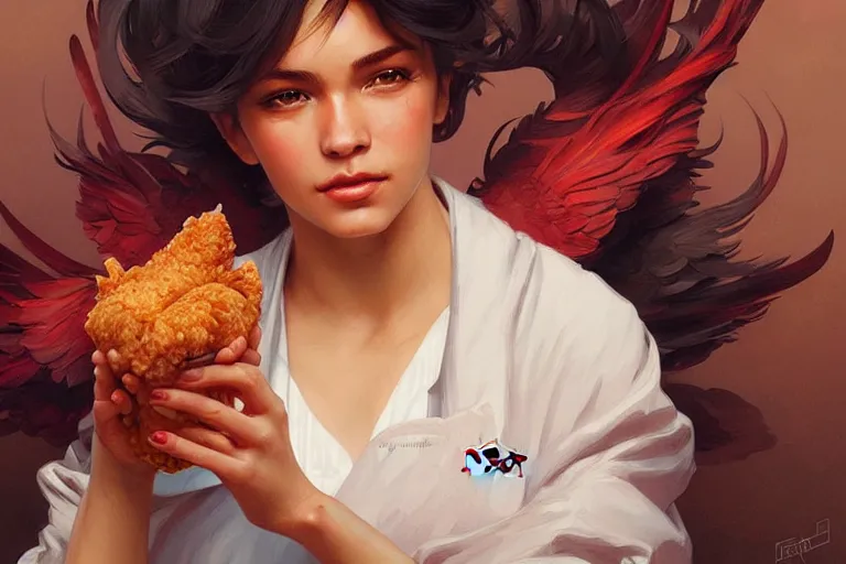 Image similar to kfc chicken, portrait, elegant, intricate, digital painting, artstation, concept art, smooth, sharp focus, illustration, art by artgerm and greg rutkowski and alphonse mucha