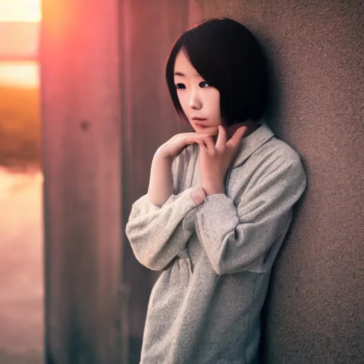 Image similar to beautiful gorgeous Japanese edgy model girl with short hair, she's sad, sunset, 80mm lens, 1.2 aperture, grainy image, close up, cinematic light, very detailed, depressing atmosphere, cover magazine